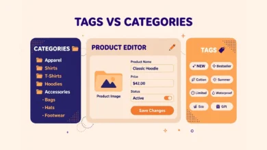 WooCommerce product editor showing category checkboxes beside a product tags box