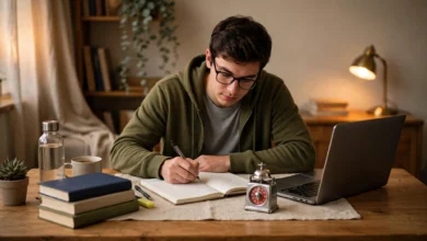 Student studying with a timer and laptop during a focused Pomodoro study session