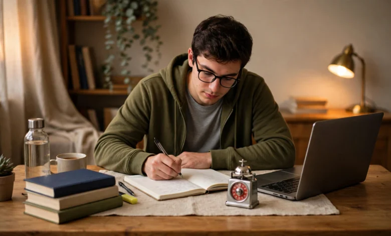 Student studying with a timer and laptop during a focused Pomodoro study session