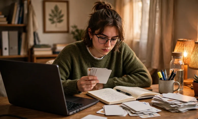 Student testing herself with flashcards for VU exam revision
