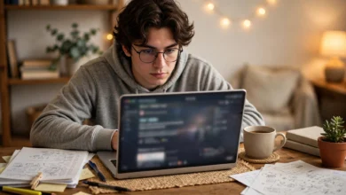VU student attempting an online quiz on a laptop with notes beside
