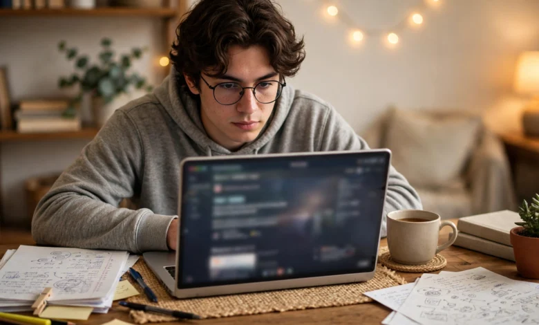 VU student attempting an online quiz on a laptop with notes beside