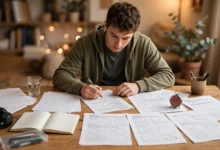 VU student solving past papers with a timer and handouts on a desk