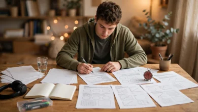 VU student solving past papers with a timer and handouts on a desk