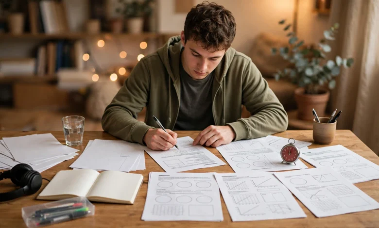 VU student solving past papers with a timer and handouts on a desk