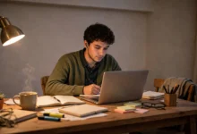 Working student studying on a laptop in the evening after office hours