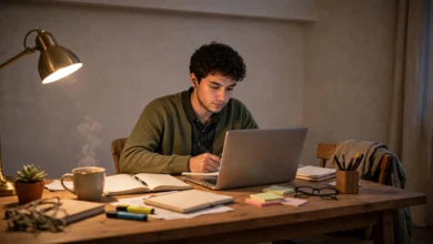 Working student studying on a laptop in the evening after office hours