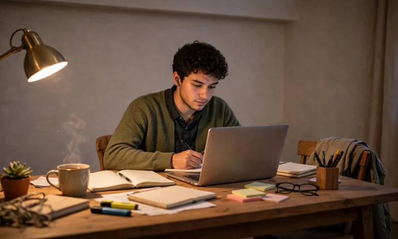 Working student studying on a laptop in the evening after office hours