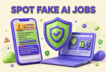 Warning sign over fake job offer messages on a phone screen