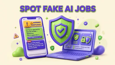 Warning sign over fake job offer messages on a phone screen