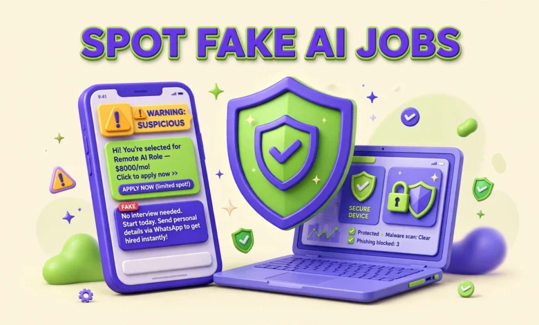 Warning sign over fake job offer messages on a phone screen