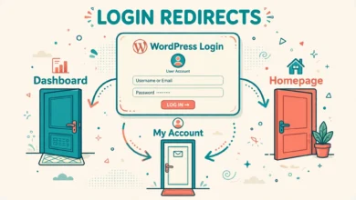WordPress login redirect illustration showing users sent to different dashboard pages by role.