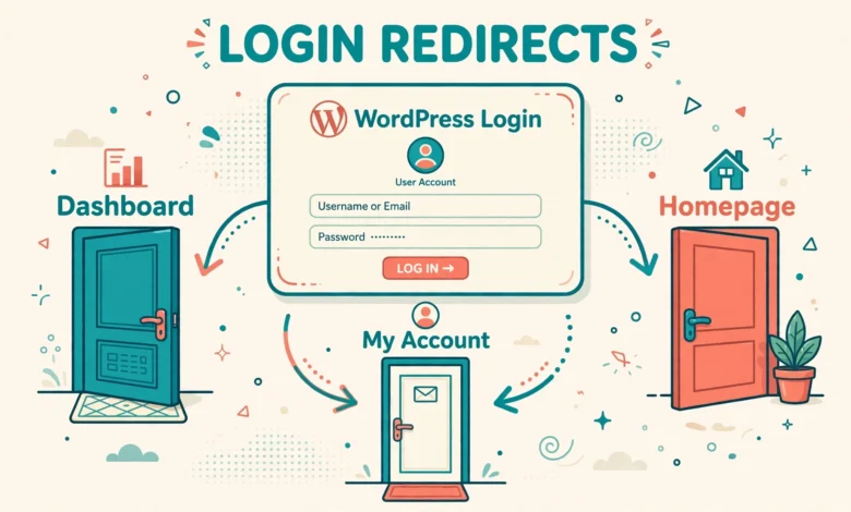 WordPress login redirect illustration showing users sent to different dashboard pages by role.
