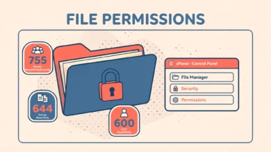 cPanel File Manager illustration showing WordPress folder and file permission numbers.