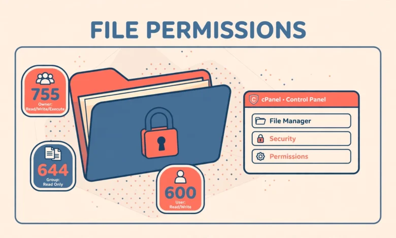 cPanel File Manager illustration showing WordPress folder and file permission numbers.
