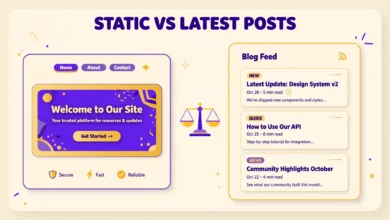 WordPress homepage settings illustration comparing a static front page with a latest posts blog page.