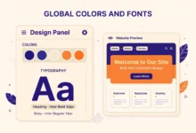 Elementor Site Settings panel showing global colors and global fonts options.