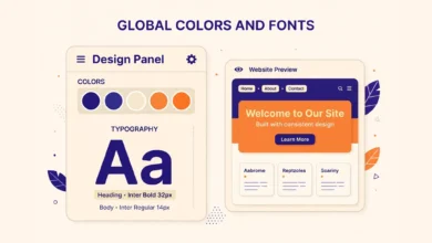 Elementor Site Settings panel showing global colors and global fonts options.