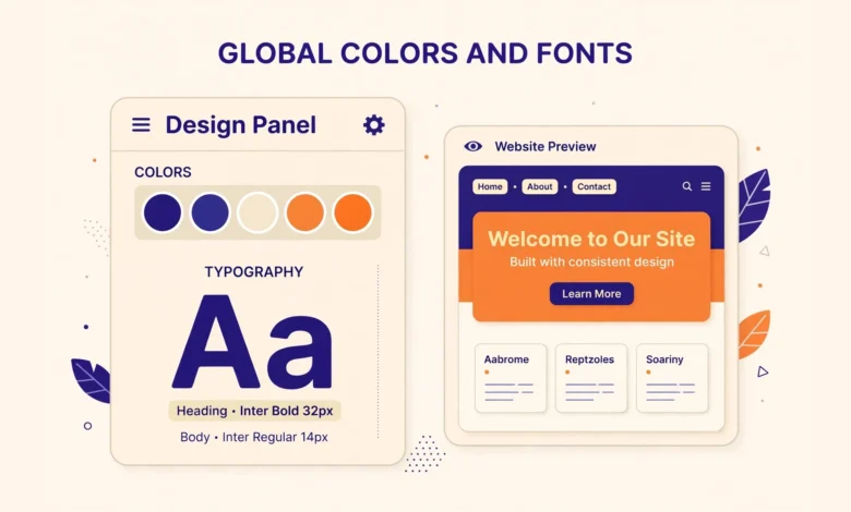 Elementor Site Settings panel showing global colors and global fonts options.