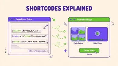 WordPress shortcode examples in square brackets in the editor