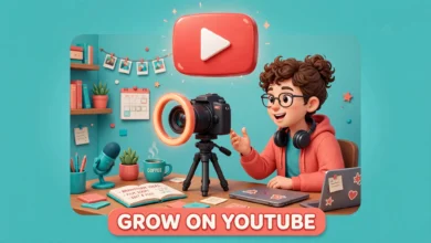 Small creator filming a YouTube video at a desk with a camera and lights.