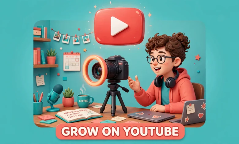 Small creator filming a YouTube video at a desk with a camera and lights.