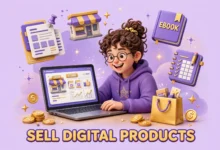 Creator selling digital products from a laptop storefront.