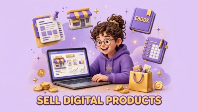 Creator selling digital products from a laptop storefront.