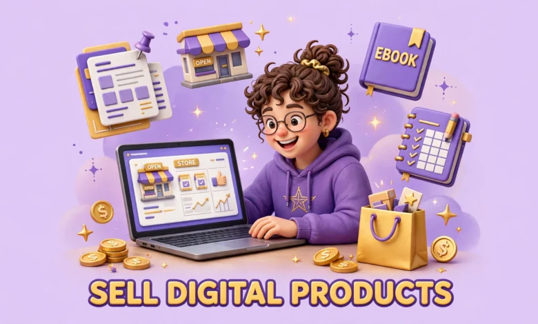 Creator selling digital products from a laptop storefront.