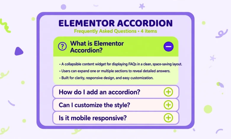 Elementor accordion widget with collapsible FAQ sections open