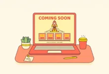 A colorful coming soon landing page with a countdown timer on a laptop screen