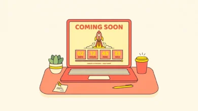 A colorful coming soon landing page with a countdown timer on a laptop screen