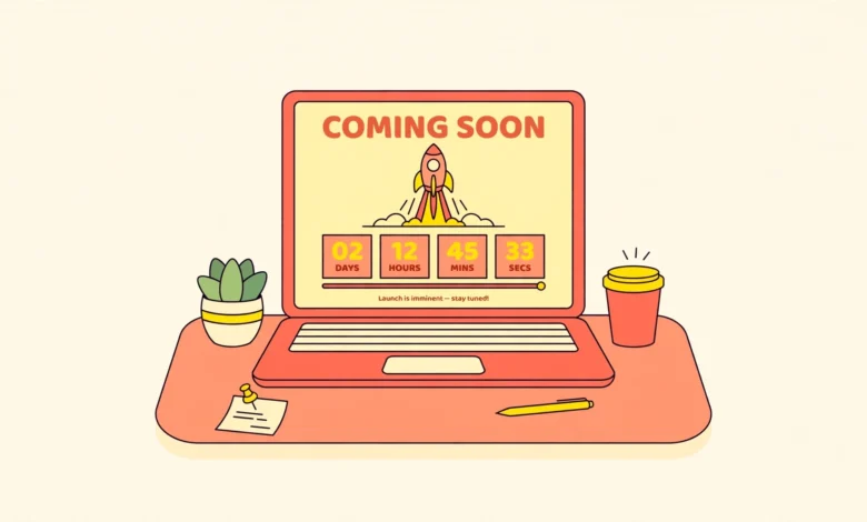 A colorful coming soon landing page with a countdown timer on a laptop screen