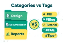 Flat illustration comparing WordPress categories folders and tags labels