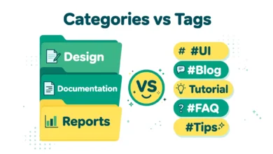 Flat illustration comparing WordPress categories folders and tags labels
