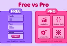 Flat illustration comparing Elementor free and pro feature panels side by side