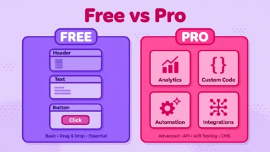 Flat illustration comparing Elementor free and pro feature panels side by side