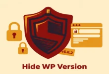 Flat illustration of a shield hiding a version number tag on a website