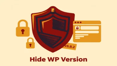 Flat illustration of a shield hiding a version number tag on a website