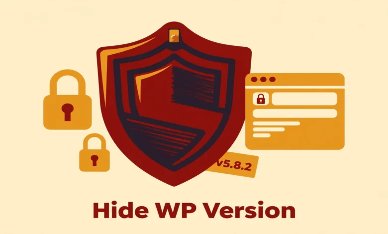 Flat illustration of a shield hiding a version number tag on a website