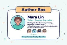 Flat illustration of a blog author bio box with photo and social icons