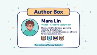Flat illustration of a blog author bio box with photo and social icons