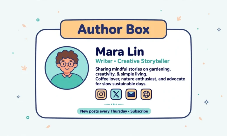 Flat illustration of a blog author bio box with photo and social icons