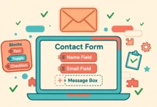 Flat illustration of a contact form being dragged into an Elementor page layout