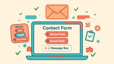 Flat illustration of a contact form being dragged into an Elementor page layout