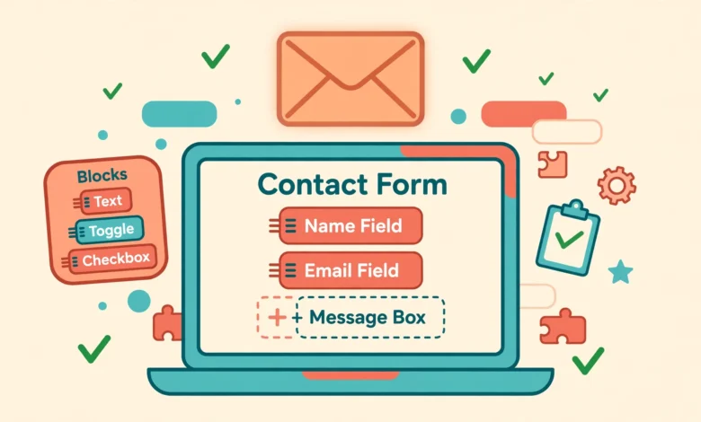 Flat illustration of a contact form being dragged into an Elementor page layout