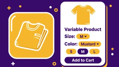 Flat illustration of a WooCommerce product page with size and color variation dropdowns