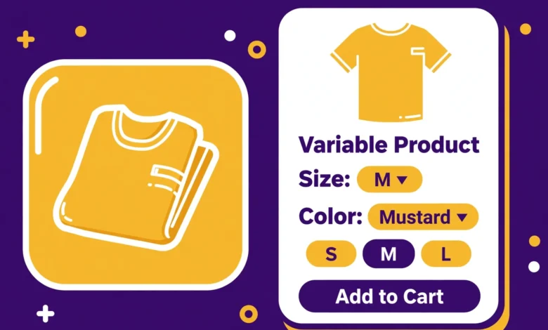 Flat illustration of a WooCommerce product page with size and color variation dropdowns