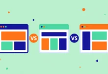 Flat illustration of three page builder interfaces side by side for comparison