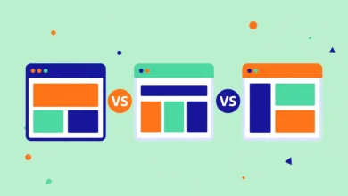 Flat illustration of three page builder interfaces side by side for comparison
